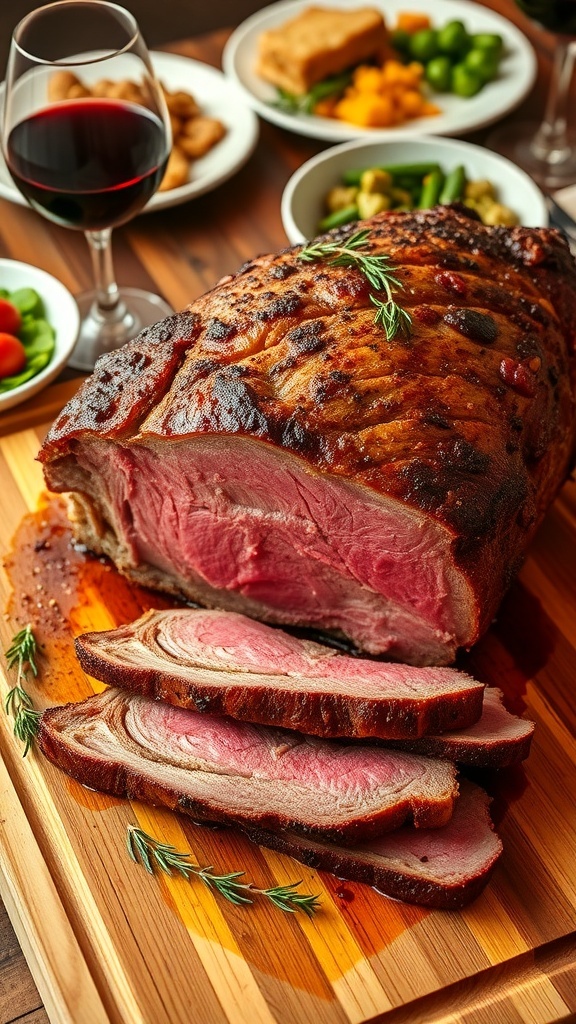 A succulent prime rib roast on a cutting board, garnished with herbs, showcasing perfectly cooked meat.